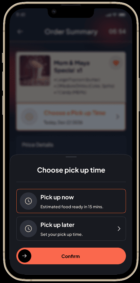 A mobile app screen showing pick-up time options for food delivery.