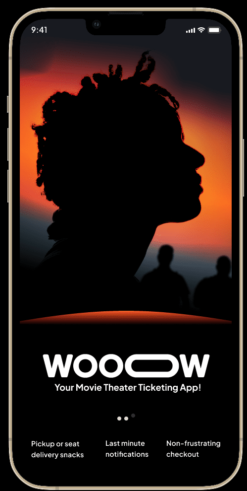 Silhouette of a person's profile against sunset with WOOW logo and app features.