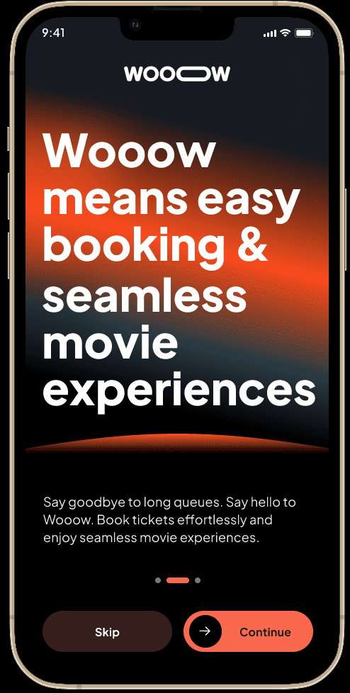 Mobile app interface for Woow booking and movie experiences.