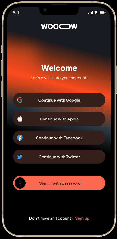 DINe Portfolio app login screen with social media options and password sign-in.