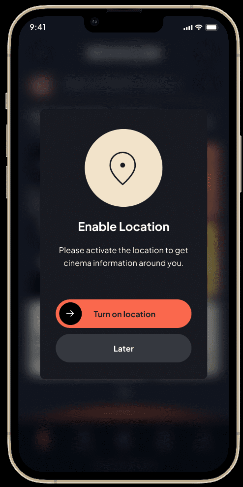 Mobile app screen for enabling location services for cinema info.