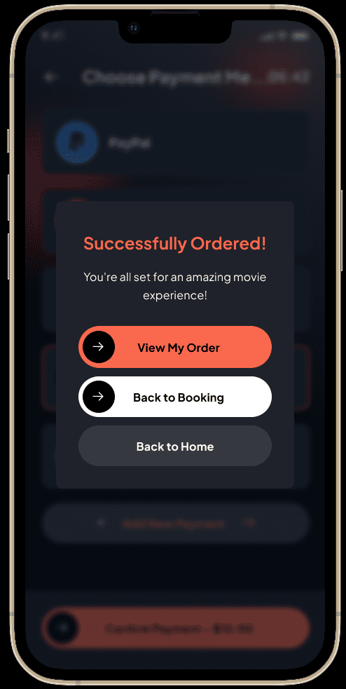 Mobile app interface showing order confirmation and navigation options.