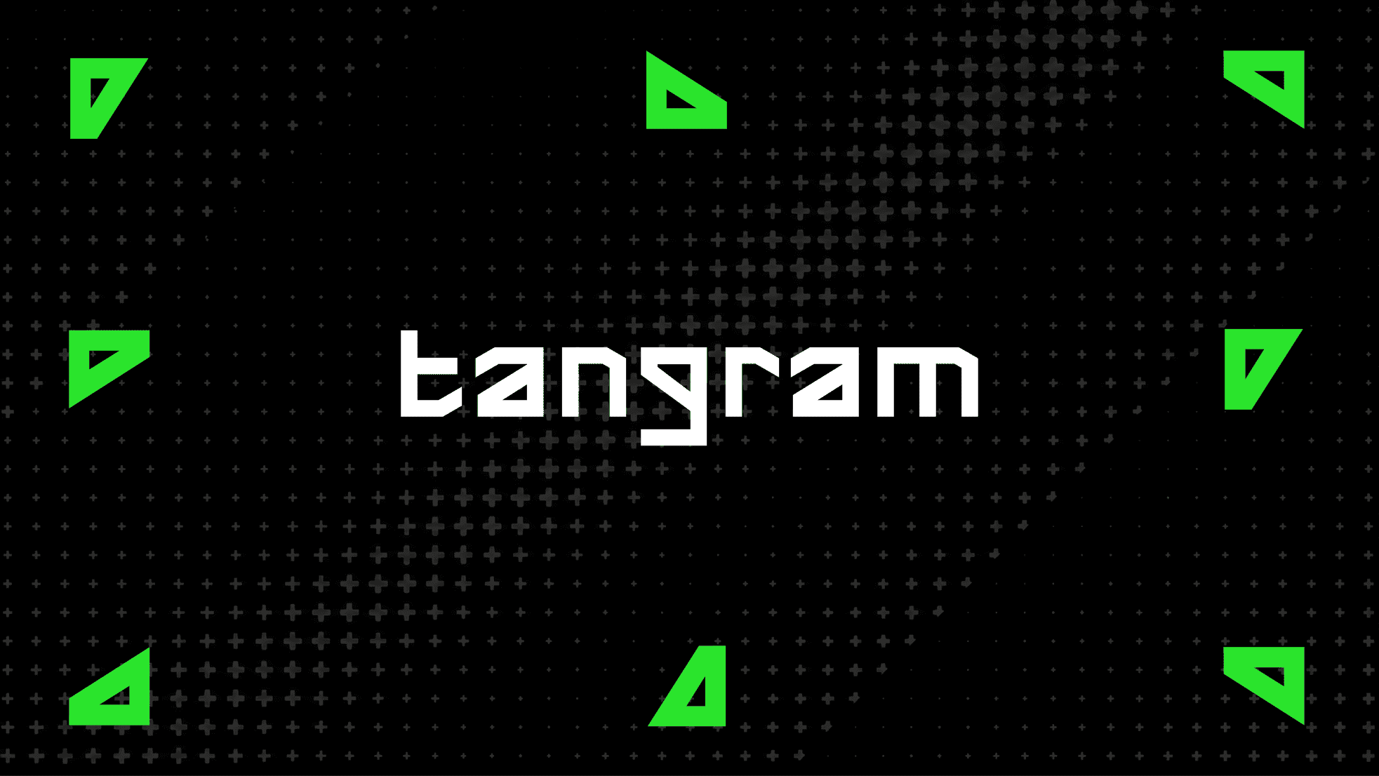 Tangram logo wordmark on a black background with repeating green triangle pattern